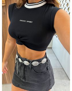 Cropped Slim Canelado Drapeado Frontal Preto Colcc... - Closet