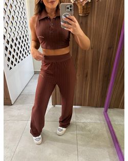 Calça Reta Malha Listrada Fashion Marrom Colcci Sp... - Closet