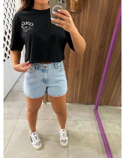 Camiseta Cropped Manga Curta Luiza Preta Colcci - ... - Closet