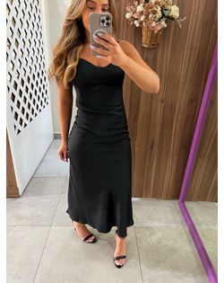Vestido Midi Acetinado Preto Lily - 949496596 - Closet