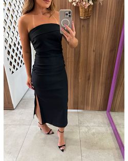 Vestido Preto Midi Sem Alças Com Franzido Lateral ... - Closet