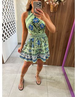 Vestido Curto Frente Única Estampado Azulejo Flori... - Closet