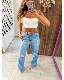 Calça Wide Leg Jeans Destroyed - 362617 - Closet