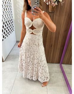 Vestido Longo Bordado Em Renda Cru - 15926 - Closet
