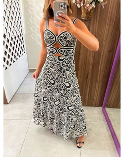 Vestido Longo Bordado Em Renda Preto - 326262 - Closet