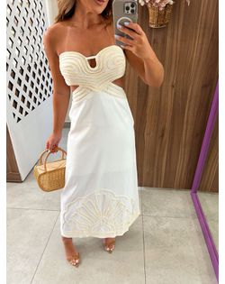 Vestido Midi Linho Off Bordado Boho - 36263263 - Closet