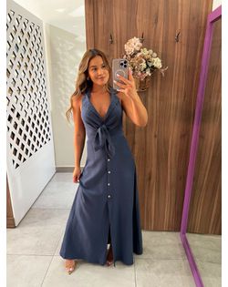 Vestido Longo Azul Marinho Santorini - 5252626 - Closet
