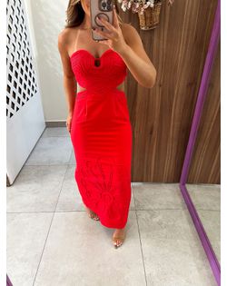 Vestido Midi Linho Vermelho Bordado Boho - 475823 - Closet