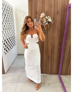 Vestido Midi Linho Branco Bordado Boho - 458963 - Closet