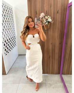 Vestido Midi Linho Bege Bordado Boho - 4758253 - Closet