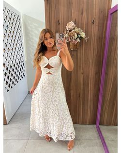 Vestido Longo Bordado Em Renda Off - 478569 - Closet