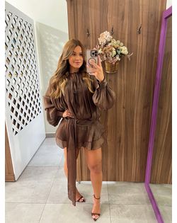 Vestido Cetim Marrom Louise - 9845212 - Closet