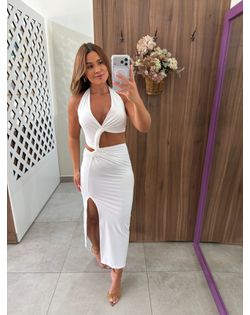Vestido Midi Branco Recortes - 8545151 - Closet