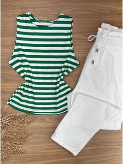 Blusa Regata Canelada Com Listras Verde Escuro com Branco