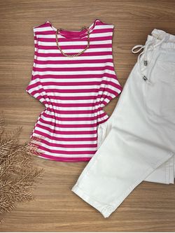 Blusa Regata Canelada Com Listras Pink