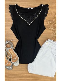 Blusa Regata Detalhe Pérolas e Guipir Preta - LOJA ANDRESSA FREITAS