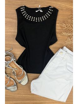Blusa Regata Gola com Strass Preta - LOJA ANDRESSA FREITAS