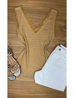 Blusa Regata Strass e Renda Bege