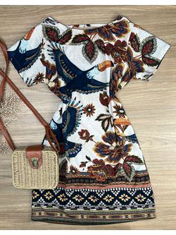 Vestido Estampa Tropical com Manga 