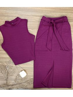 Conjunto Moletinho Saia Mid e Blusa Gola Alta Fucsia 