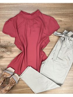 Blusa Manga Curta Crepe Coral