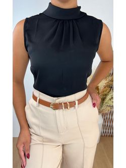 Blusa Regata Crepe com Gola Alta Preta