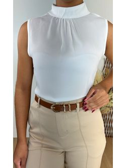 Blusa Regata Crepe com Gola Alta Branca