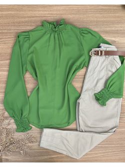 Blusa Manga Longa Gola Alta de Lastex Verde