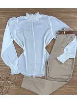 Blusa Manga Longa Gola Alta de Lastex Branca