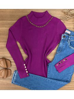 Blusa Tricô Canelado Gola Alta Fucsia