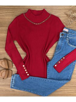 Blusa Tricô Canelado Gola Alta Vermelha - LOJA ANDRESSA FREITAS