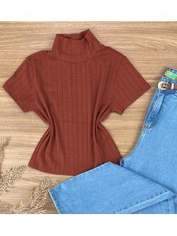 Blusa Canelada Max Croped Gola Alta Marrom