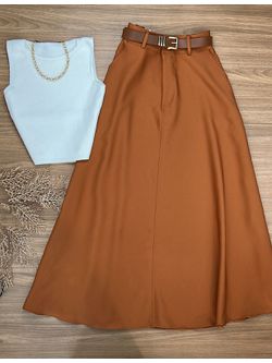 Saia Midi Alfaiataria Caramelo Com Cinto