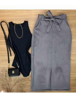 Saia Midi Suede Cinza