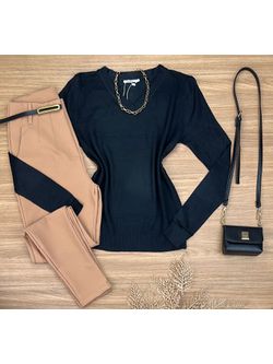 Blusa Tricô Sueter Preto Gola V - LOJA ANDRESSA FREITAS