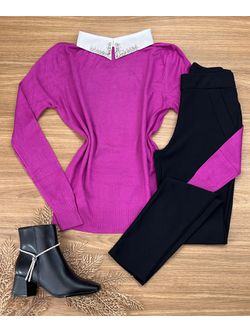 Blusa Tricô Fucsia Gola Bordada - LOJA ANDRESSA FREITAS