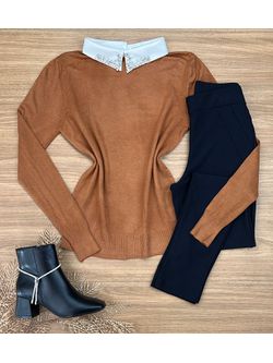 Blusa Tricô Caramelo Gola Bordada - LOJA ANDRESSA FREITAS