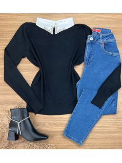 Blusa Tricô Preta Gola Bordada - LOJA ANDRESSA FREITAS