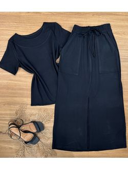 Conjunto Moletinho Saia Midi Preto - LOJA ANDRESSA FREITAS