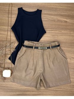 Short Alfaiataria Com Cinto Caqui