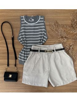 Blusa Modal Regata Cinza com Listras Brancas - LOJA ANDRESSA FREITAS