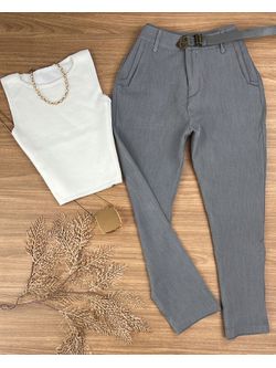 Calça Alfaiataria com Cinto Cinza