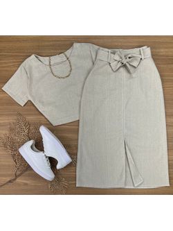 Conjunto Linho Saia Midi Cru