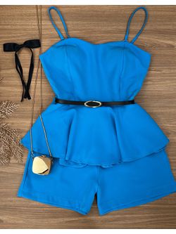 Conjunto Alfaiataria Blusa Peplum e Short Azul com Cinto - LOJA ANDRESSA FREITAS