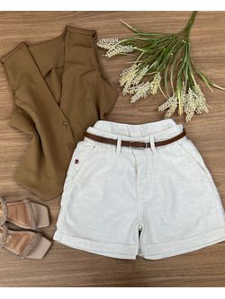 Short Com Cinto Linho Cru