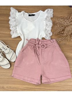 Short Sarja Cenoura Com Cinto Rosê