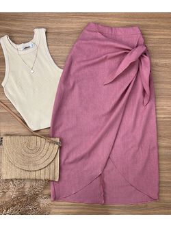 Saia Midi Linho Amarração Rose