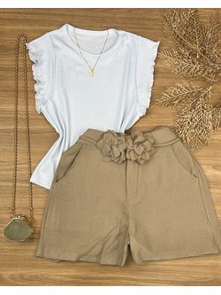 Short Alfaiataria Com Cinto de Flor Caqui - LOJA ANDRESSA FREITAS