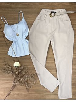 Calça Alfaiataria com Cinto Bege
