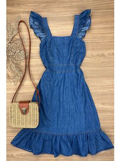 Vestido Curto Jeans Alça Babadinho